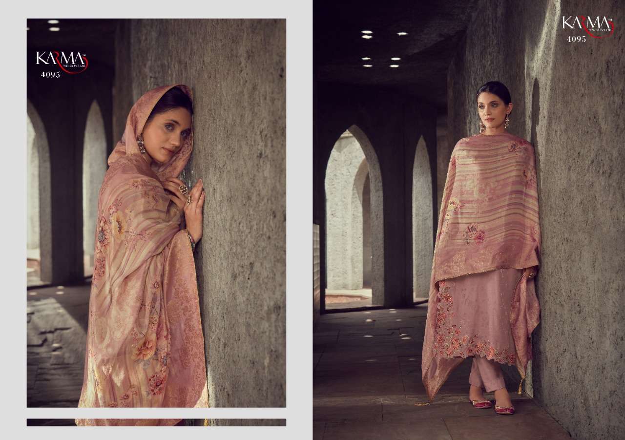 SAMAIRA BY KARMA TRENDZ 4095 TO 4101 SERIES DESIGNER SUITS COLLECTION BEAUTIFUL STYLISH COLORFUL FANCY PARTY WEAR & OCCASIONAL WEAR PURE MUSLIN JACQUARD DRESSES AT WHOLESALE PRICE