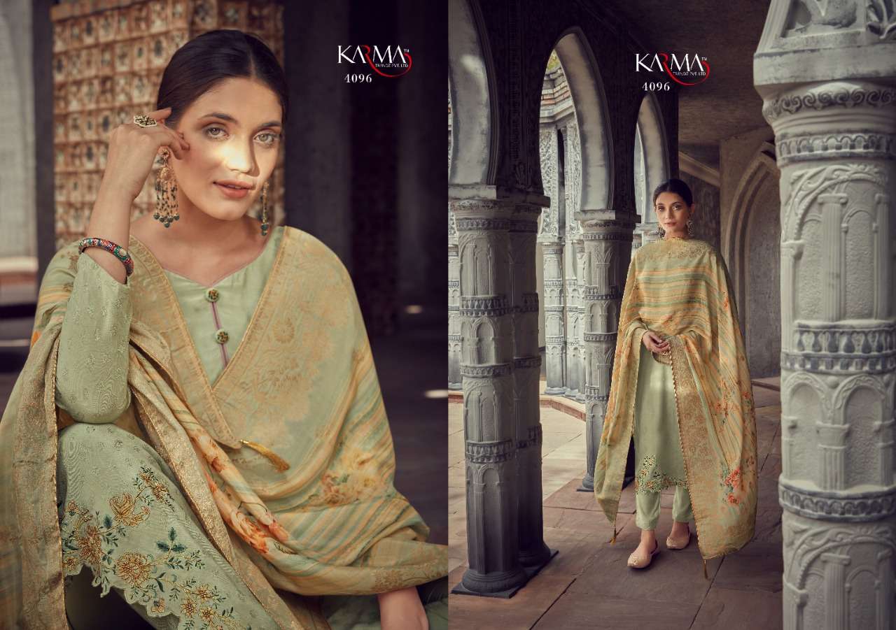 SAMAIRA BY KARMA TRENDZ 4095 TO 4101 SERIES DESIGNER SUITS COLLECTION BEAUTIFUL STYLISH COLORFUL FANCY PARTY WEAR & OCCASIONAL WEAR PURE MUSLIN JACQUARD DRESSES AT WHOLESALE PRICE