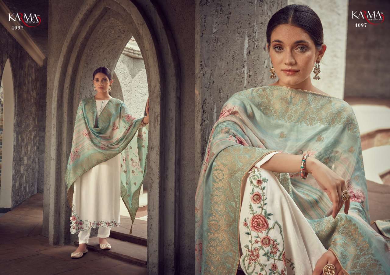 SAMAIRA BY KARMA TRENDZ 4095 TO 4101 SERIES DESIGNER SUITS COLLECTION BEAUTIFUL STYLISH COLORFUL FANCY PARTY WEAR & OCCASIONAL WEAR PURE MUSLIN JACQUARD DRESSES AT WHOLESALE PRICE