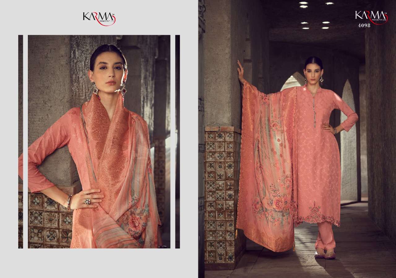 SAMAIRA BY KARMA TRENDZ 4095 TO 4101 SERIES DESIGNER SUITS COLLECTION BEAUTIFUL STYLISH COLORFUL FANCY PARTY WEAR & OCCASIONAL WEAR PURE MUSLIN JACQUARD DRESSES AT WHOLESALE PRICE