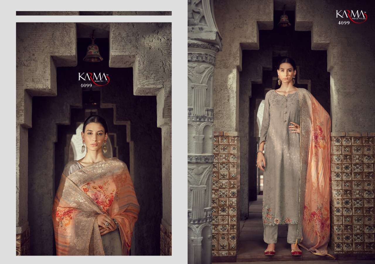 SAMAIRA BY KARMA TRENDZ 4095 TO 4101 SERIES DESIGNER SUITS COLLECTION BEAUTIFUL STYLISH COLORFUL FANCY PARTY WEAR & OCCASIONAL WEAR PURE MUSLIN JACQUARD DRESSES AT WHOLESALE PRICE