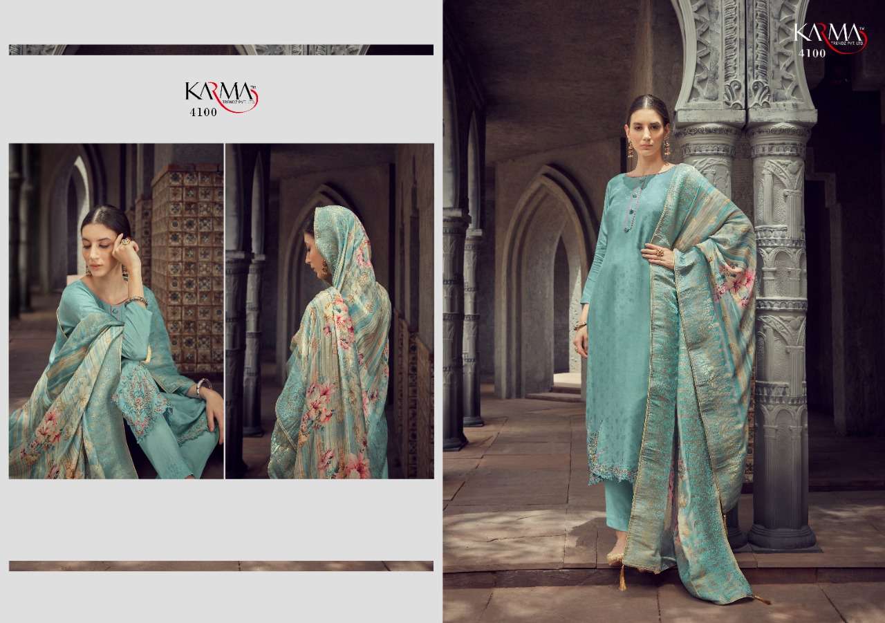 SAMAIRA BY KARMA TRENDZ 4095 TO 4101 SERIES DESIGNER SUITS COLLECTION BEAUTIFUL STYLISH COLORFUL FANCY PARTY WEAR & OCCASIONAL WEAR PURE MUSLIN JACQUARD DRESSES AT WHOLESALE PRICE