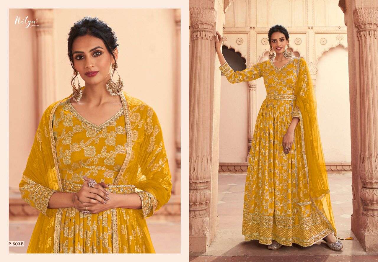 Nitya 503 Colours By Lt Fabrics 503-A To 503-D Series Designer Anarkali Suits Collection Beautiful Stylish Fancy Colorful Party Wear & Occasional Wear Dola Jacquard Embroidered Dresses At Wholesale Price