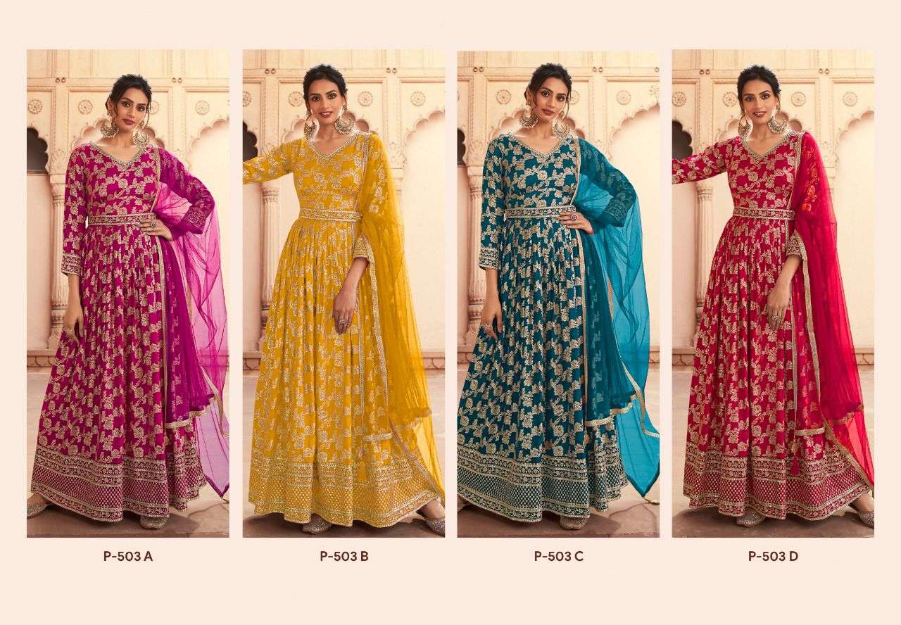 Nitya 503 Colours By Lt Fabrics 503-A To 503-D Series Designer Anarkali Suits Collection Beautiful Stylish Fancy Colorful Party Wear & Occasional Wear Dola Jacquard Embroidered Dresses At Wholesale Price