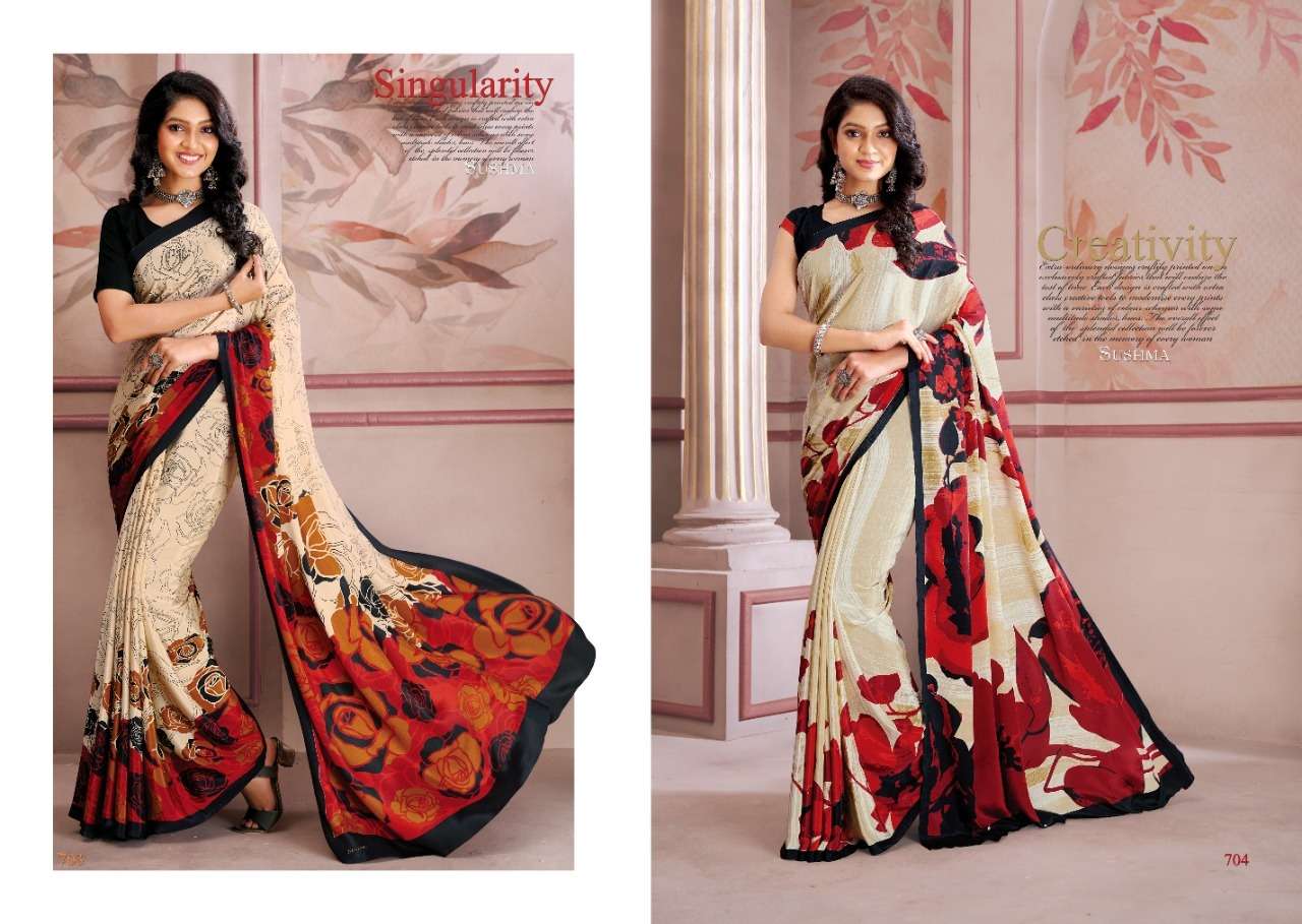 Uniqueness By Sushma Indian Traditional Wear Collection Beautiful Stylish Fancy Colorful Party Wear & Occasional Wear Crepe Sarees At Wholesale Price