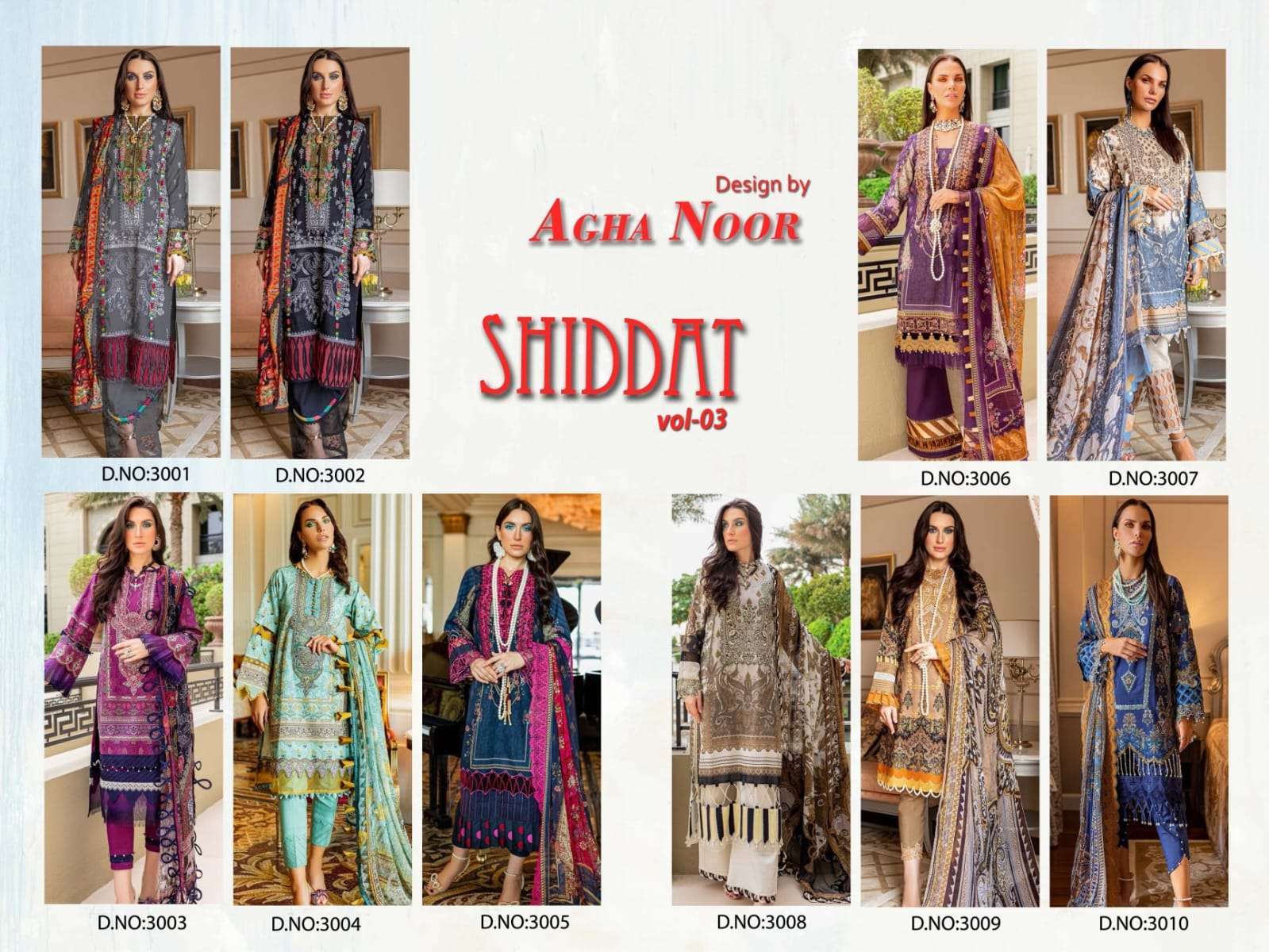 Shiddat Vol-3 By Agha Noor 3001 To 3010 Series Beautiful Stylish Pakistani Suits Fancy Colorful Casual Wear & Ethnic Wear & Ready To Wear Jam Satin Cotton Embroidered Dresses At Wholesale Price