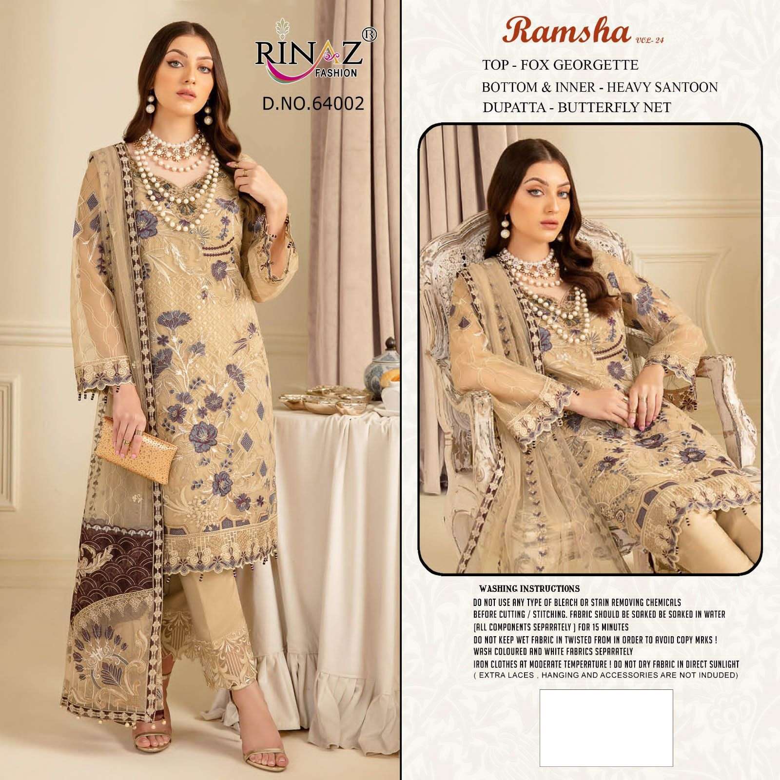RAMSHA VOL-24 BY RINAZ FASHION 64001 TO 64004 SERIES DESIGNER PAKISTANI SUITS COLLECTION BEAUTIFUL STYLISH COLORFUL FANCY PARTY WEAR & OCCASIONAL WEAR FAUX GEORGETTE DRESSES AT WHOLESALE PRICE