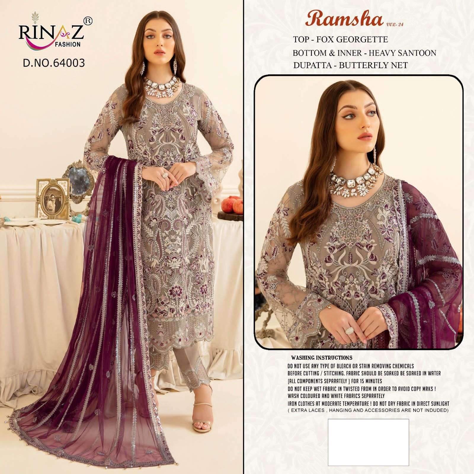 RAMSHA VOL-24 BY RINAZ FASHION 64001 TO 64004 SERIES DESIGNER PAKISTANI SUITS COLLECTION BEAUTIFUL STYLISH COLORFUL FANCY PARTY WEAR & OCCASIONAL WEAR FAUX GEORGETTE DRESSES AT WHOLESALE PRICE