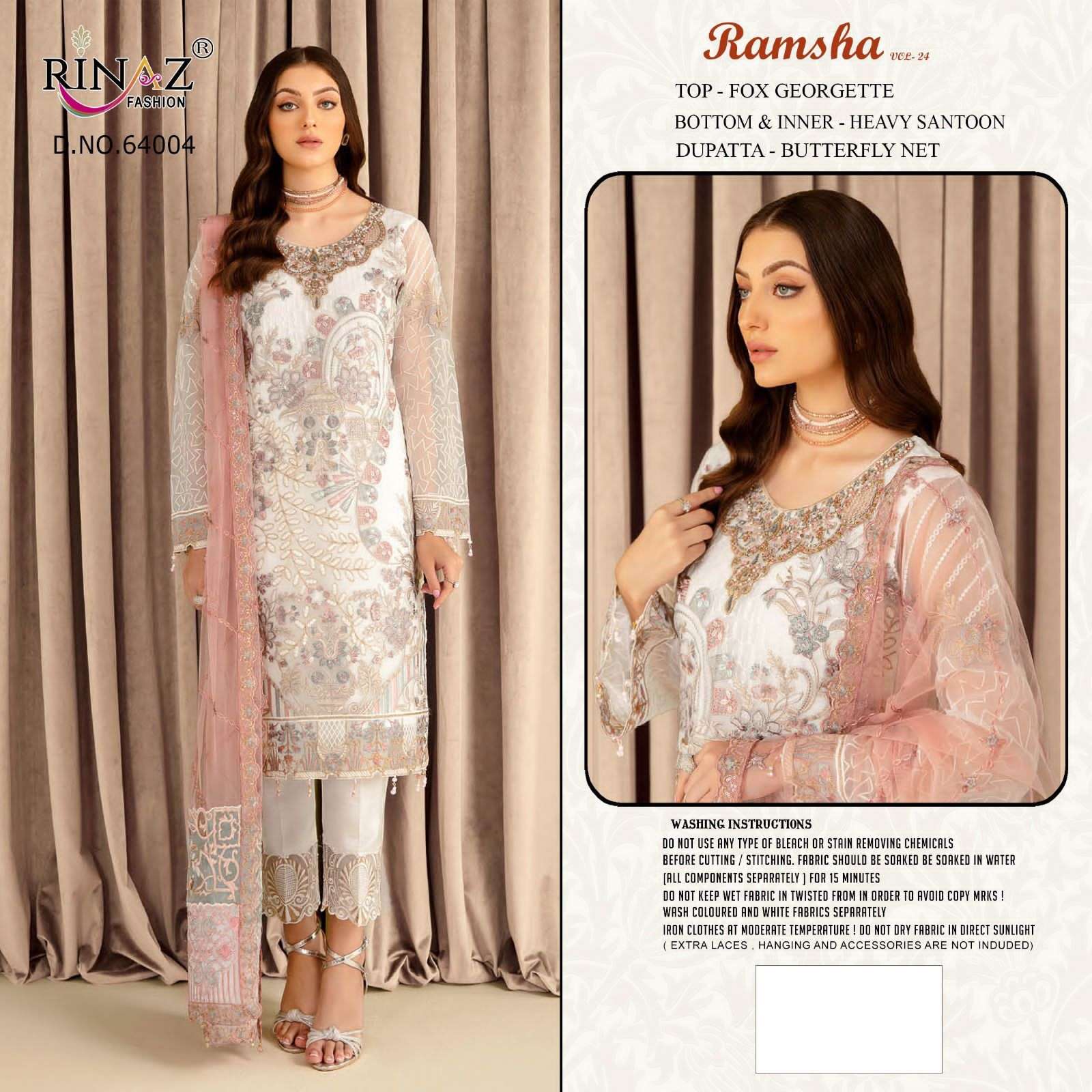 RAMSHA VOL-24 BY RINAZ FASHION 64001 TO 64004 SERIES DESIGNER PAKISTANI SUITS COLLECTION BEAUTIFUL STYLISH COLORFUL FANCY PARTY WEAR & OCCASIONAL WEAR FAUX GEORGETTE DRESSES AT WHOLESALE PRICE