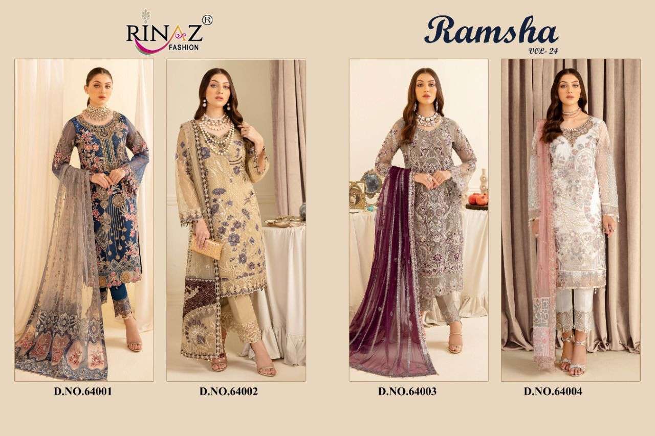 RAMSHA VOL-24 BY RINAZ FASHION 64001 TO 64004 SERIES DESIGNER PAKISTANI SUITS COLLECTION BEAUTIFUL STYLISH COLORFUL FANCY PARTY WEAR & OCCASIONAL WEAR FAUX GEORGETTE DRESSES AT WHOLESALE PRICE