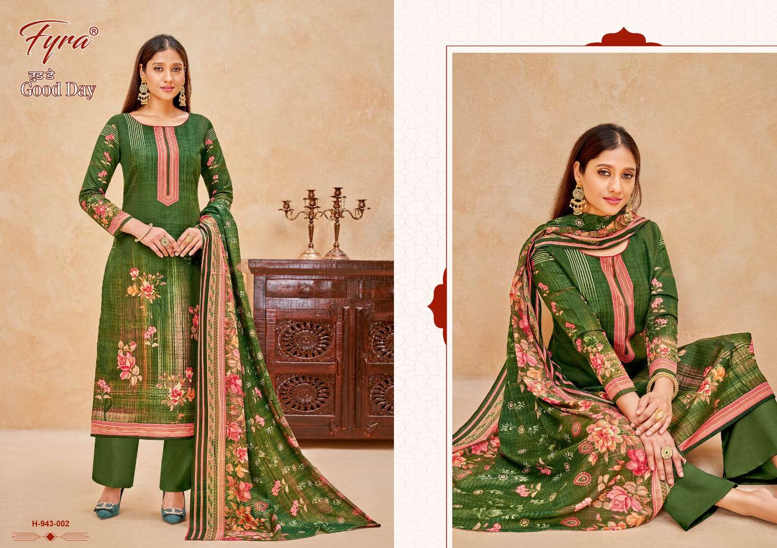 GOOD DAY 943 SERIES BY FYRA 943-001 TO 943-010 SERIES BEAUTIFUL SUITS COLORFUL STYLISH FANCY CASUAL WEAR & ETHNIC WEAR PURE COTTON PRINT DRESSES AT WHOLESALE PRICE