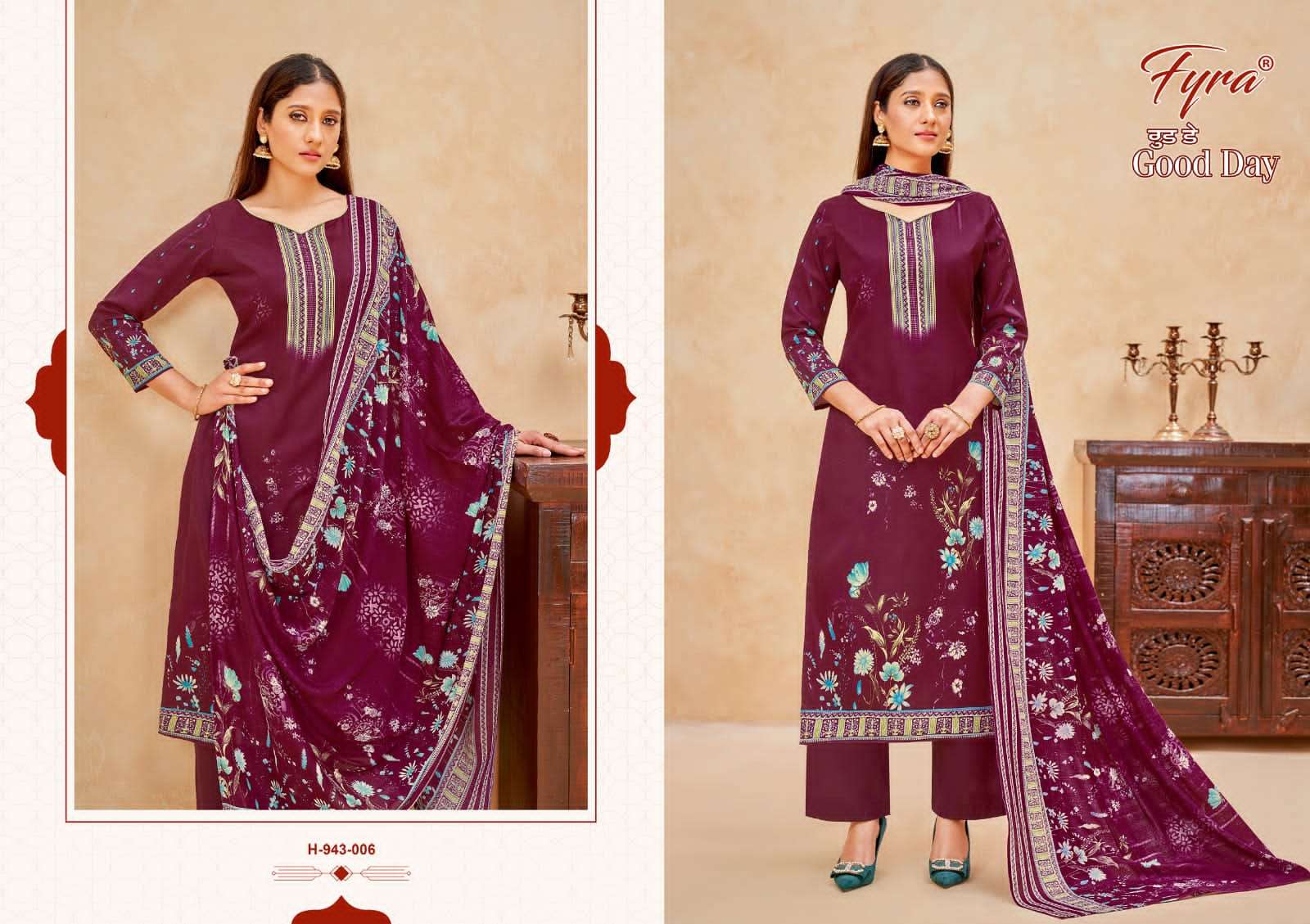 GOOD DAY 943 SERIES BY FYRA 943-001 TO 943-010 SERIES BEAUTIFUL SUITS COLORFUL STYLISH FANCY CASUAL WEAR & ETHNIC WEAR PURE COTTON PRINT DRESSES AT WHOLESALE PRICE