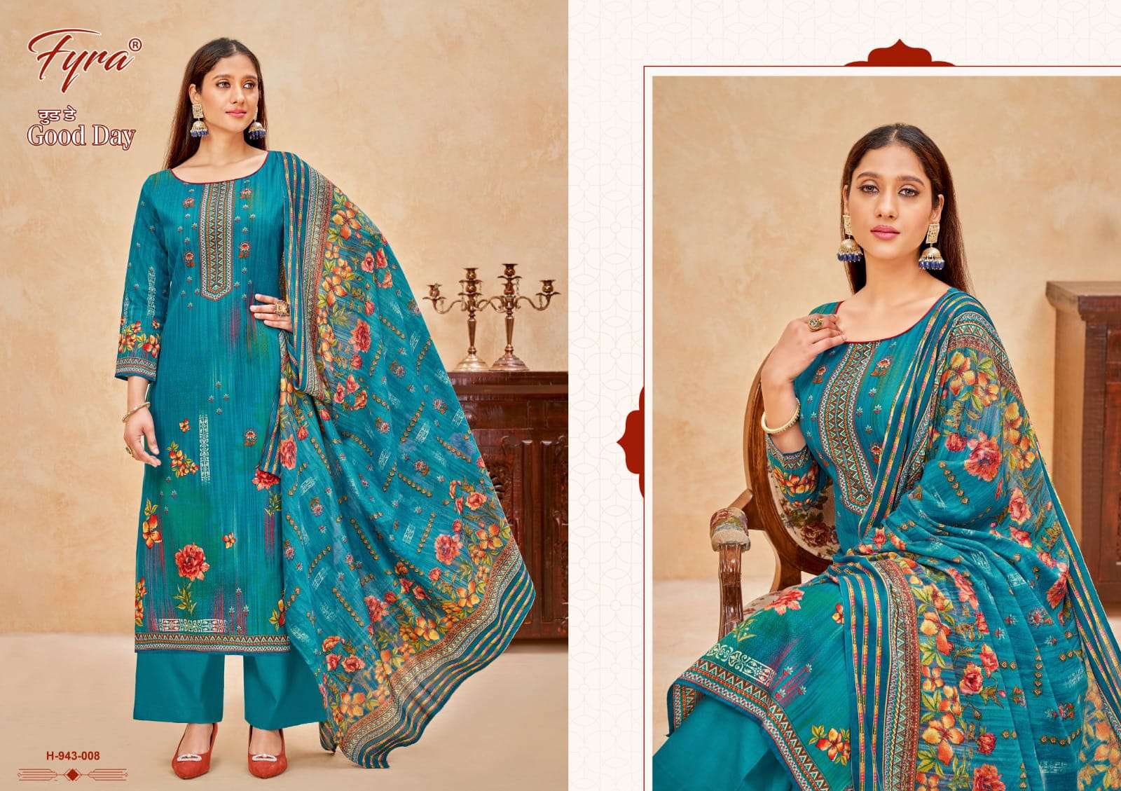 GOOD DAY 943 SERIES BY FYRA 943-001 TO 943-010 SERIES BEAUTIFUL SUITS COLORFUL STYLISH FANCY CASUAL WEAR & ETHNIC WEAR PURE COTTON PRINT DRESSES AT WHOLESALE PRICE