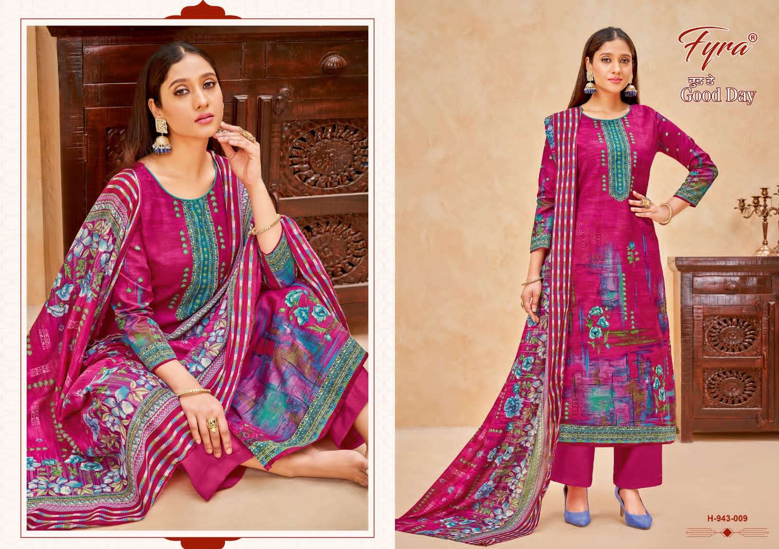 GOOD DAY 943 SERIES BY FYRA 943-001 TO 943-010 SERIES BEAUTIFUL SUITS COLORFUL STYLISH FANCY CASUAL WEAR & ETHNIC WEAR PURE COTTON PRINT DRESSES AT WHOLESALE PRICE