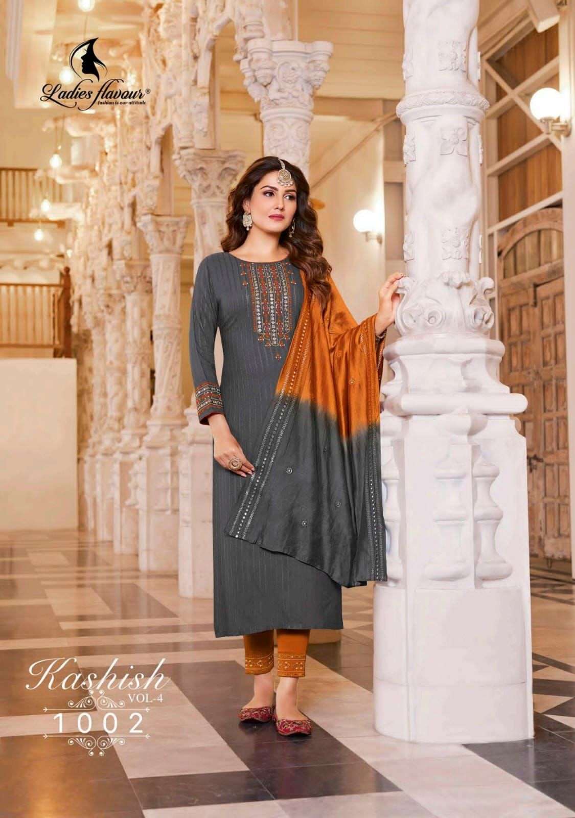 KASHISH VOL-4 BY LADIES FLAVOUR 1001 TO 1006 SERIES BEAUTIFUL INDIAN SUITS COLORFUL STYLISH FANCY CASUAL WEAR & ETHNIC WEAR PURE RAYON EMBROIDERED DRESSES AT WHOLESALE PRICE