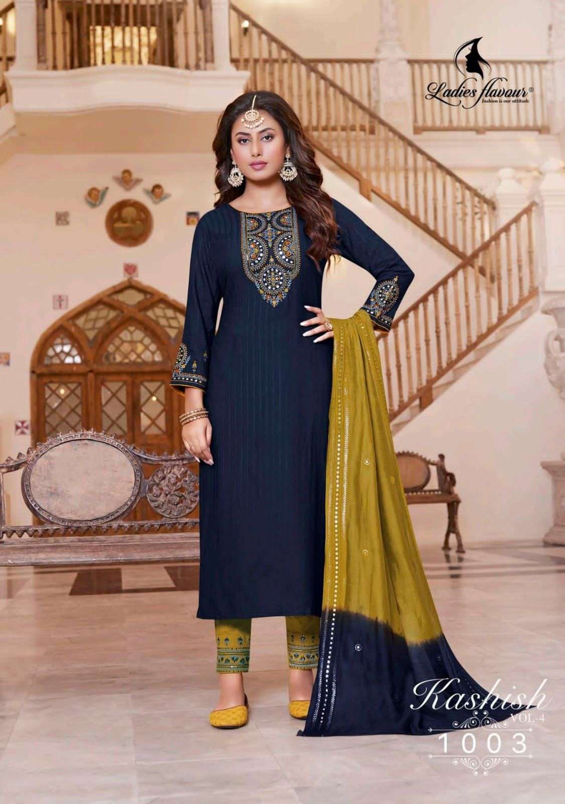 KASHISH VOL-4 BY LADIES FLAVOUR 1001 TO 1006 SERIES BEAUTIFUL INDIAN SUITS COLORFUL STYLISH FANCY CASUAL WEAR & ETHNIC WEAR PURE RAYON EMBROIDERED DRESSES AT WHOLESALE PRICE