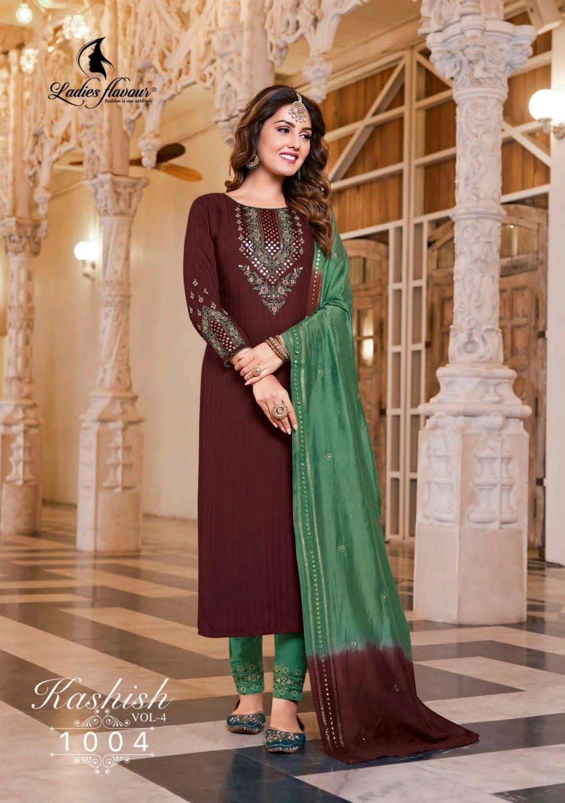 KASHISH VOL-4 BY LADIES FLAVOUR 1001 TO 1006 SERIES BEAUTIFUL INDIAN SUITS COLORFUL STYLISH FANCY CASUAL WEAR & ETHNIC WEAR PURE RAYON EMBROIDERED DRESSES AT WHOLESALE PRICE
