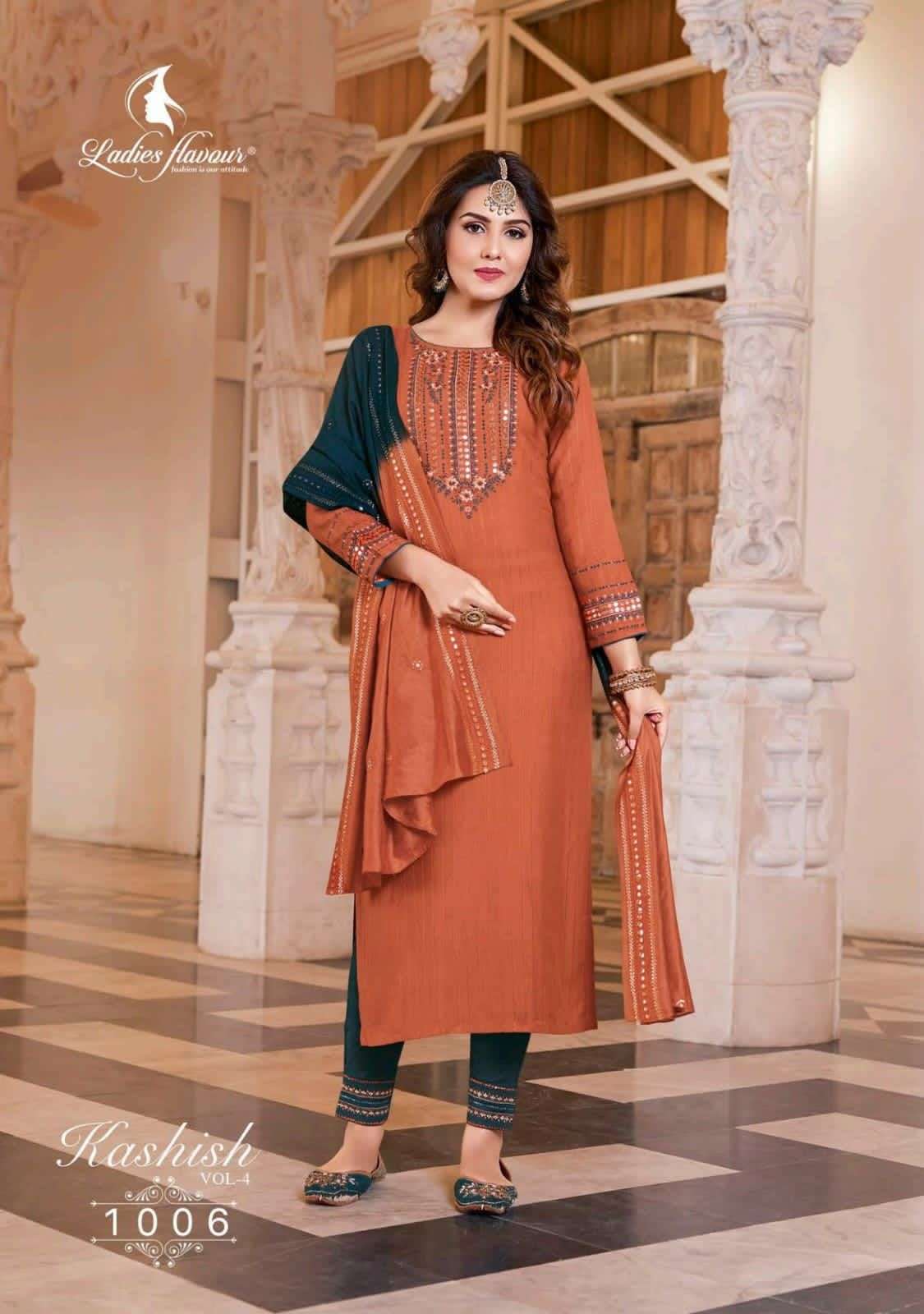 KASHISH VOL-4 BY LADIES FLAVOUR 1001 TO 1006 SERIES BEAUTIFUL INDIAN SUITS COLORFUL STYLISH FANCY CASUAL WEAR & ETHNIC WEAR PURE RAYON EMBROIDERED DRESSES AT WHOLESALE PRICE