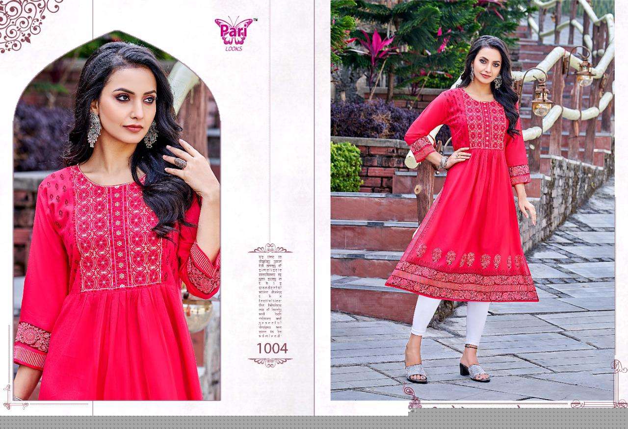 NAVYA VOL-2 BY PARI 1001 TO 1006 SERIES DESIGNER STYLISH FANCY COLORFUL BEAUTIFUL PARTY WEAR & ETHNIC WEAR COLLECTION RAYON PRINT KURTIS AT WHOLESALE PRICE