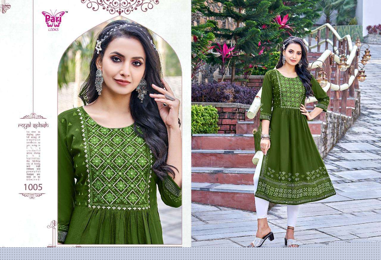 NAVYA VOL-2 BY PARI 1001 TO 1006 SERIES DESIGNER STYLISH FANCY COLORFUL BEAUTIFUL PARTY WEAR & ETHNIC WEAR COLLECTION RAYON PRINT KURTIS AT WHOLESALE PRICE