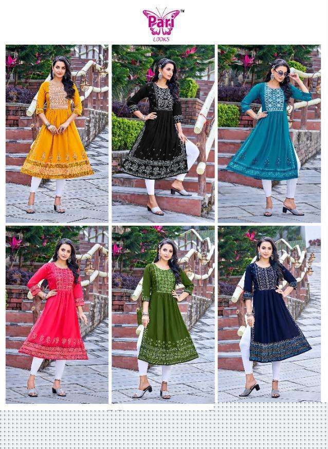 NAVYA VOL-2 BY PARI 1001 TO 1006 SERIES DESIGNER STYLISH FANCY COLORFUL BEAUTIFUL PARTY WEAR & ETHNIC WEAR COLLECTION RAYON PRINT KURTIS AT WHOLESALE PRICE