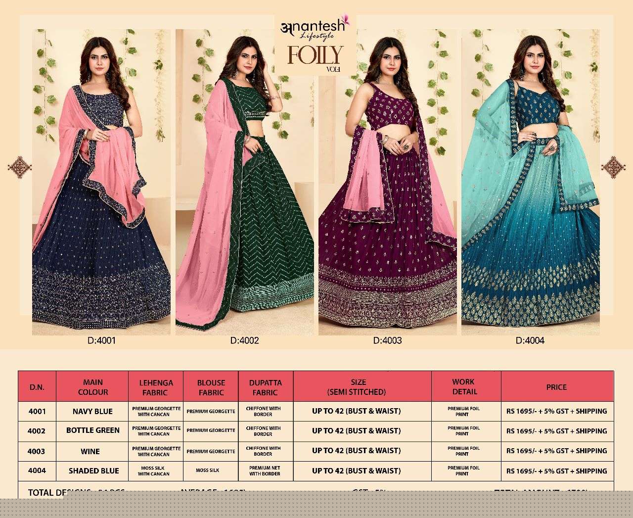Foily Vol-4 By Anantesh 4001 To 4004 Series Indian Traditional Beautiful Stylish Designer Banarasi Silk Jacquard Embroidered Party Wear Heavy Georgette Lehengas At Wholesale Price