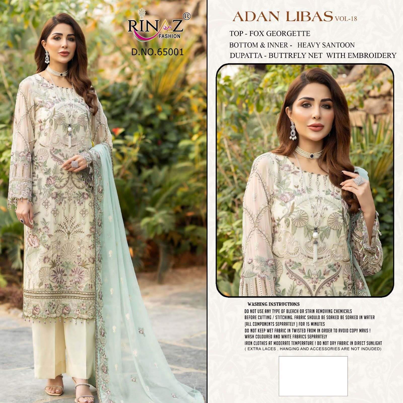 ADAN LIBAS VOL-18 BY RINAZ FASHION 65001 TO 65005 SERIES BEAUTIFUL STYLISH PAKISTANI SUITS FANCY COLORFUL CASUAL WEAR & ETHNIC WEAR & READY TO WEAR FAUX GEORGETTE EMBROIDERY DRESSES AT WHOLESALE PRICE