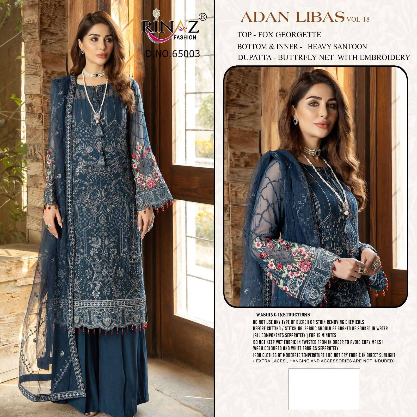 ADAN LIBAS VOL-18 BY RINAZ FASHION 65001 TO 65005 SERIES BEAUTIFUL STYLISH PAKISTANI SUITS FANCY COLORFUL CASUAL WEAR & ETHNIC WEAR & READY TO WEAR FAUX GEORGETTE EMBROIDERY DRESSES AT WHOLESALE PRICE