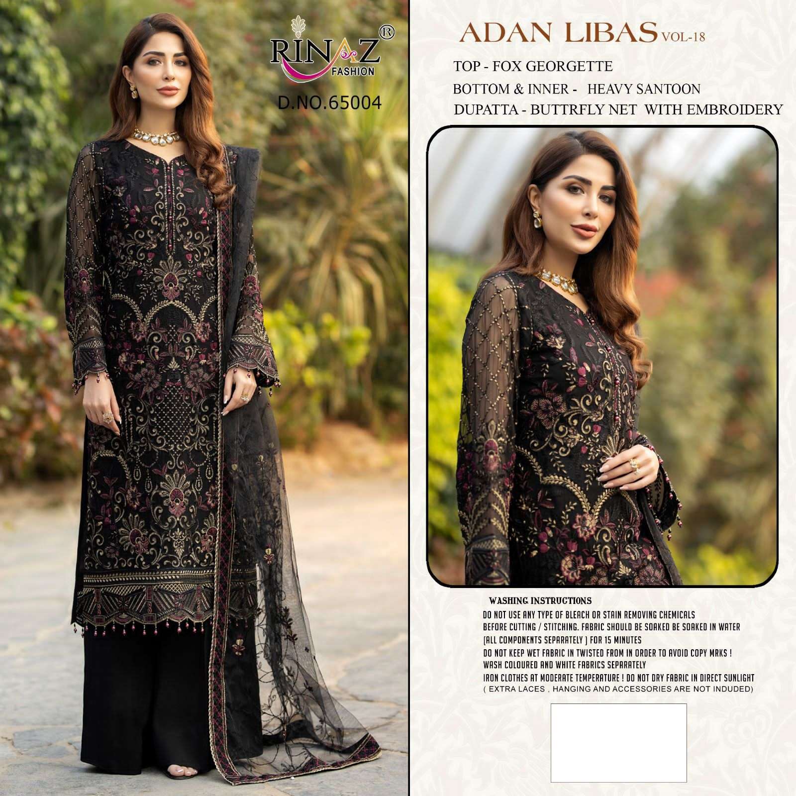 ADAN LIBAS VOL-18 BY RINAZ FASHION 65001 TO 65005 SERIES BEAUTIFUL STYLISH PAKISTANI SUITS FANCY COLORFUL CASUAL WEAR & ETHNIC WEAR & READY TO WEAR FAUX GEORGETTE EMBROIDERY DRESSES AT WHOLESALE PRICE