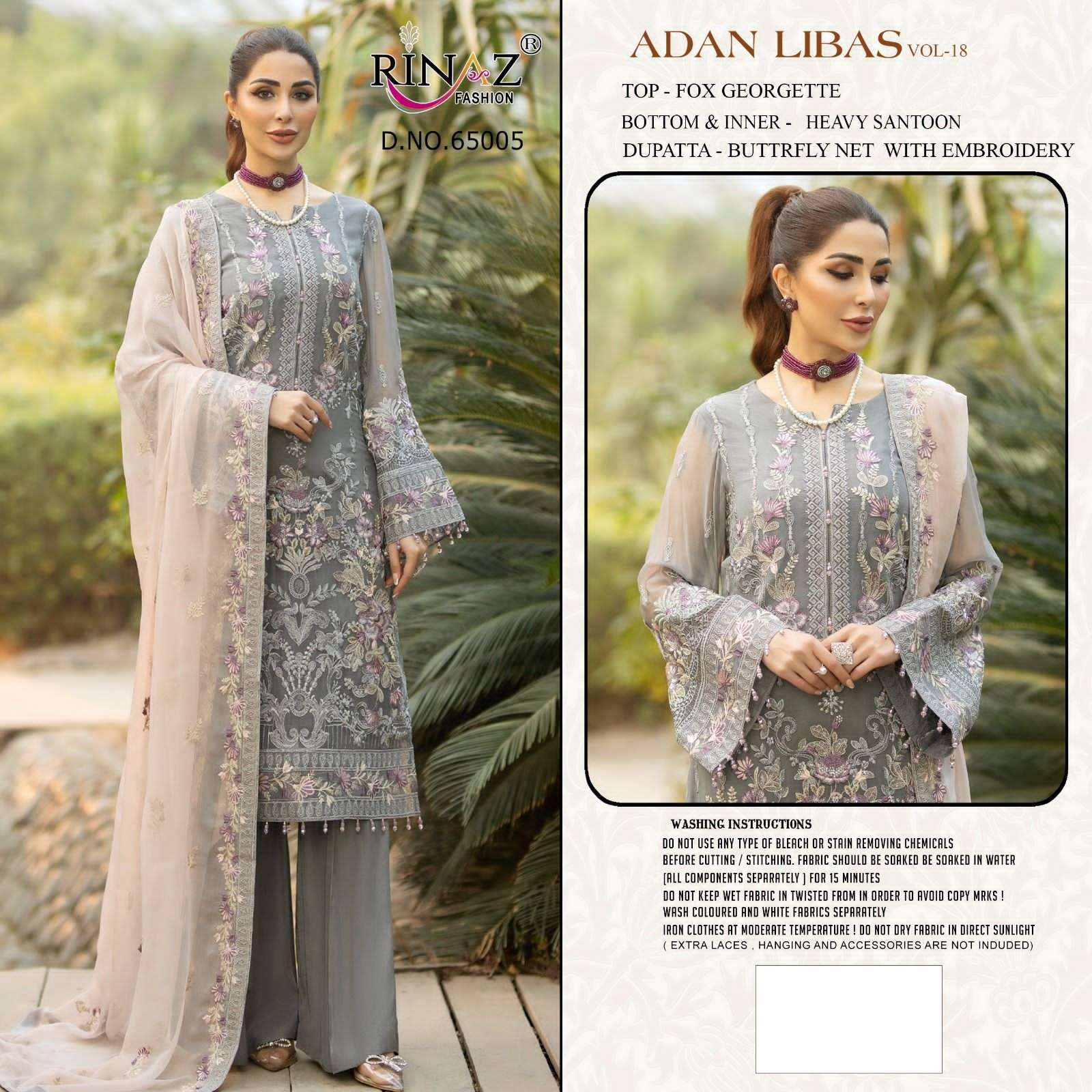 ADAN LIBAS VOL-18 BY RINAZ FASHION 65001 TO 65005 SERIES BEAUTIFUL STYLISH PAKISTANI SUITS FANCY COLORFUL CASUAL WEAR & ETHNIC WEAR & READY TO WEAR FAUX GEORGETTE EMBROIDERY DRESSES AT WHOLESALE PRICE