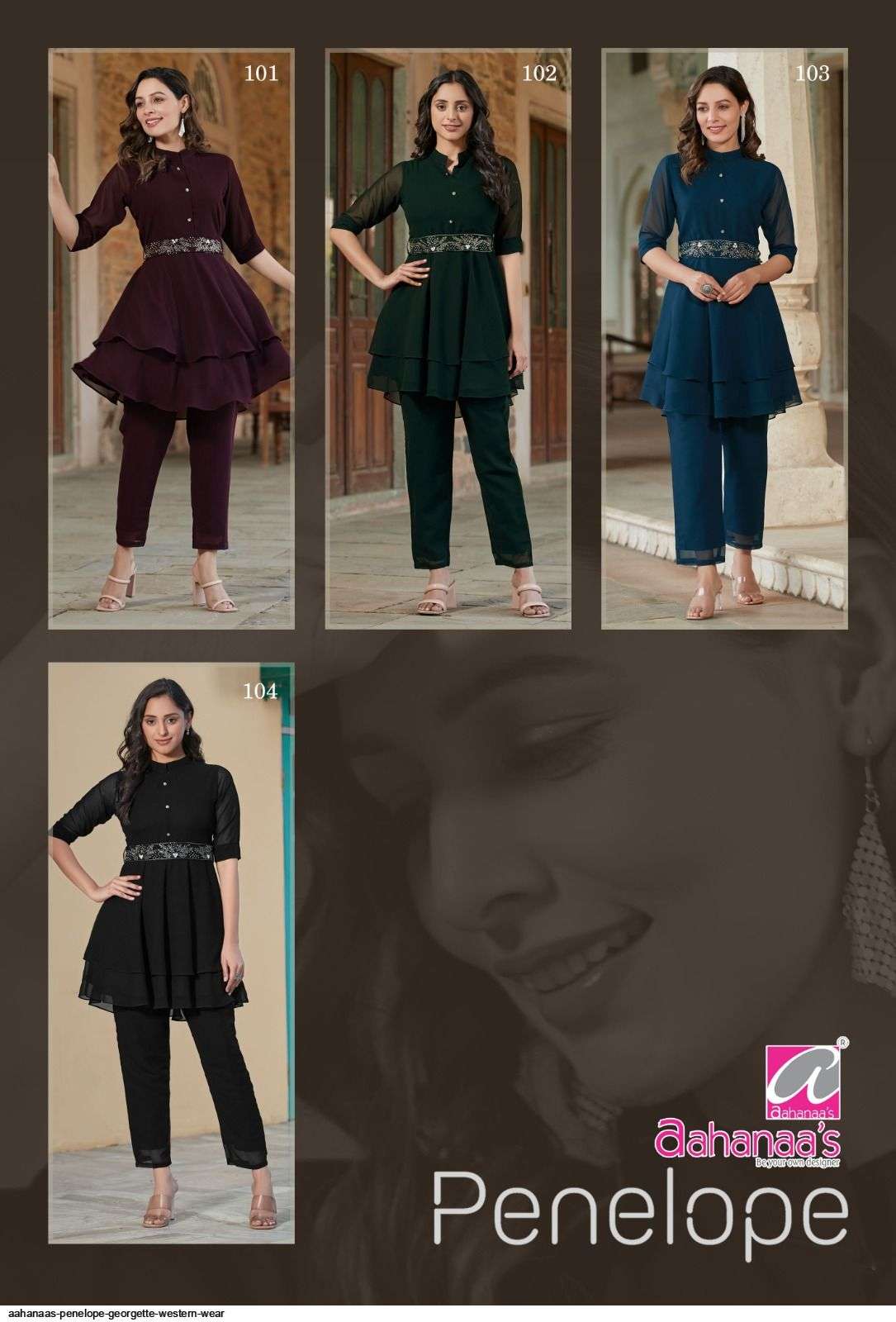 PENELOPE BY AAHANAAS 101 TO 104 SERIES DESIGNER STYLISH FANCY COLORFUL BEAUTIFUL PARTY WEAR & ETHNIC WEAR COLLECTION GEORGETTE TOPS WITH BOTTOM AT WHOLESALE PRICE