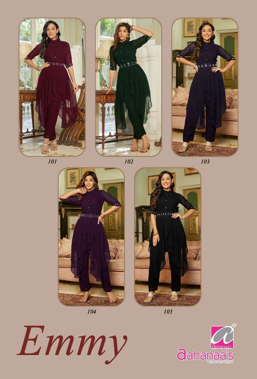 EMMY BY AAHANAAS 101 TO 105 SERIES DESIGNER STYLISH FANCY COLORFUL BEAUTIFUL PARTY WEAR & ETHNIC WEAR COLLECTION GEORGETTE TOPS WITH BOTTOM AT WHOLESALE PRICE