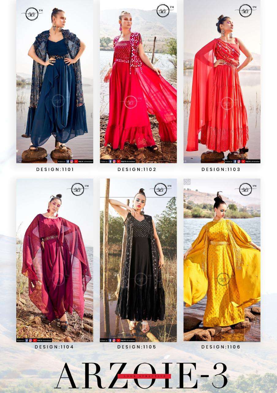 Arzoie Vol-3 By M And M 1101 To 1106 Series Beautiful Stylish Fancy Colorful Casual Wear & Ethnic Wear Heavy Georgette Gowns At Wholesale Price