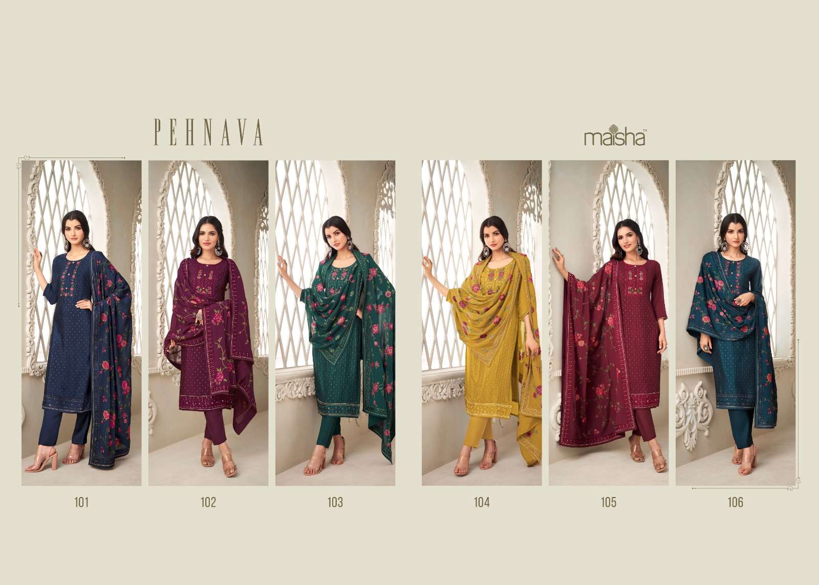 Pehnava By Maisha 101 To 106 Series Designer Festive Suits Collection Beautiful Stylish Colorful Fancy Party Wear & Occasional Wear Pure Chiffon Dresses At Wholesale Price