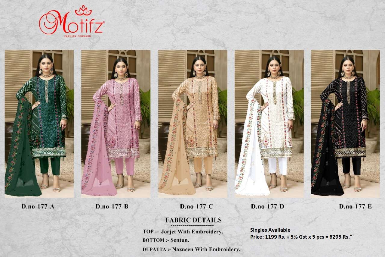 MOTIFZ HIT DESIGN 177 COLOURS BY MOTIFZ 177-A TO 177-E SERIES DESIGNER PAKISTANI SUITS BEAUTIFUL FANCY COLORFUL STYLISH PARTY WEAR & OCCASIONAL WEAR GEORGETTE WITH EMBROIDERY DRESSES AT WHOLESALE PRICE