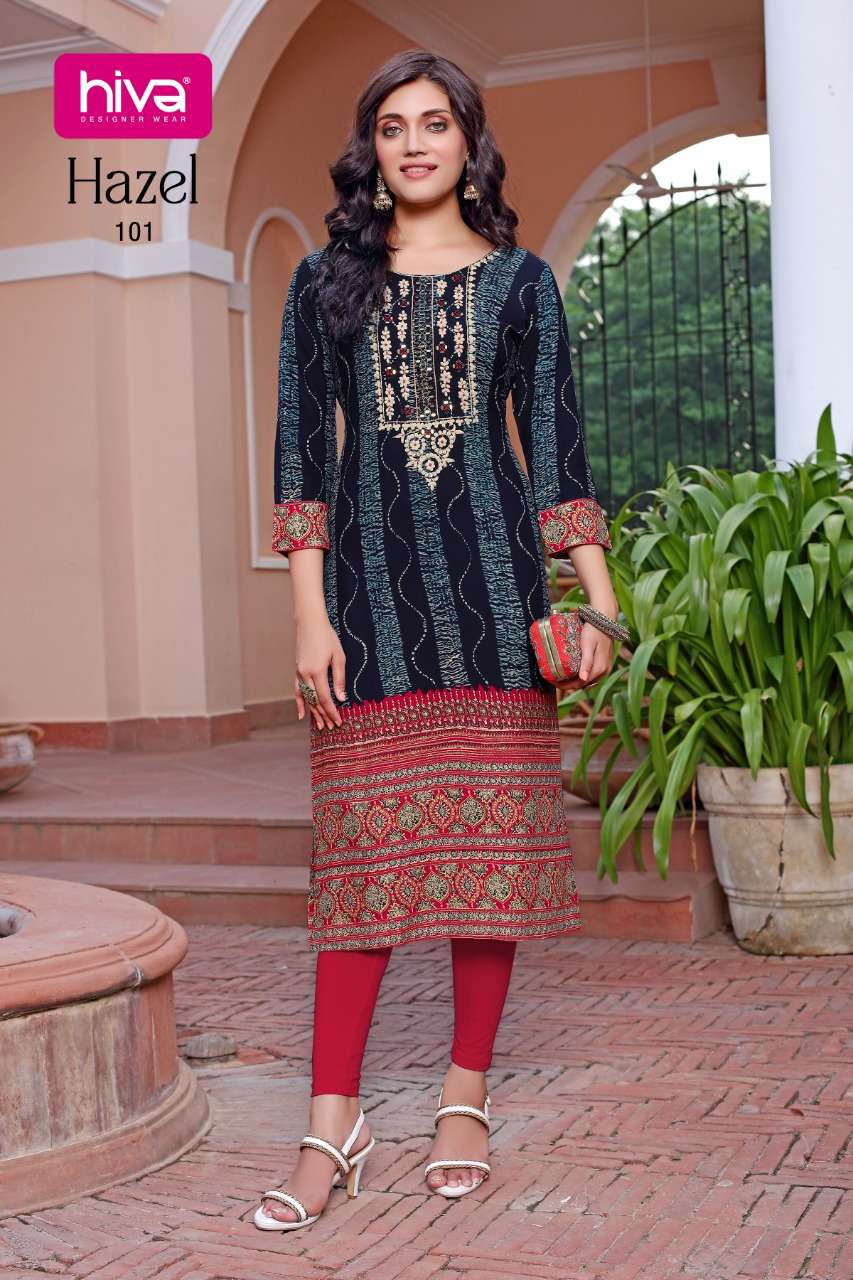 HAZEL BY HIVA 101 TO 106 SERIES DESIGNER STYLISH FANCY COLORFUL BEAUTIFUL PARTY WEAR & ETHNIC WEAR COLLECTION RAYON WITH WORK KURTIS AT WHOLESALE PRICE
