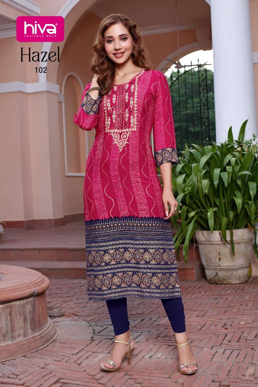 HAZEL BY HIVA 101 TO 106 SERIES DESIGNER STYLISH FANCY COLORFUL BEAUTIFUL PARTY WEAR & ETHNIC WEAR COLLECTION RAYON WITH WORK KURTIS AT WHOLESALE PRICE