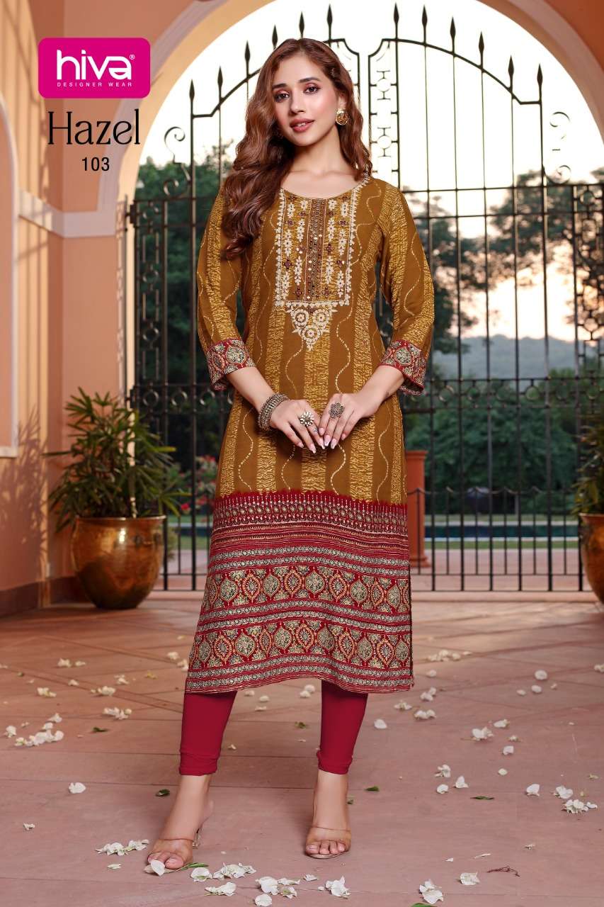HAZEL BY HIVA 101 TO 106 SERIES DESIGNER STYLISH FANCY COLORFUL BEAUTIFUL PARTY WEAR & ETHNIC WEAR COLLECTION RAYON WITH WORK KURTIS AT WHOLESALE PRICE
