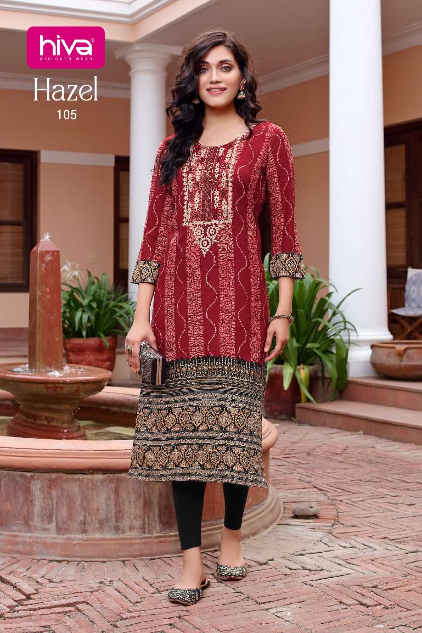 HAZEL BY HIVA 101 TO 106 SERIES DESIGNER STYLISH FANCY COLORFUL BEAUTIFUL PARTY WEAR & ETHNIC WEAR COLLECTION RAYON WITH WORK KURTIS AT WHOLESALE PRICE