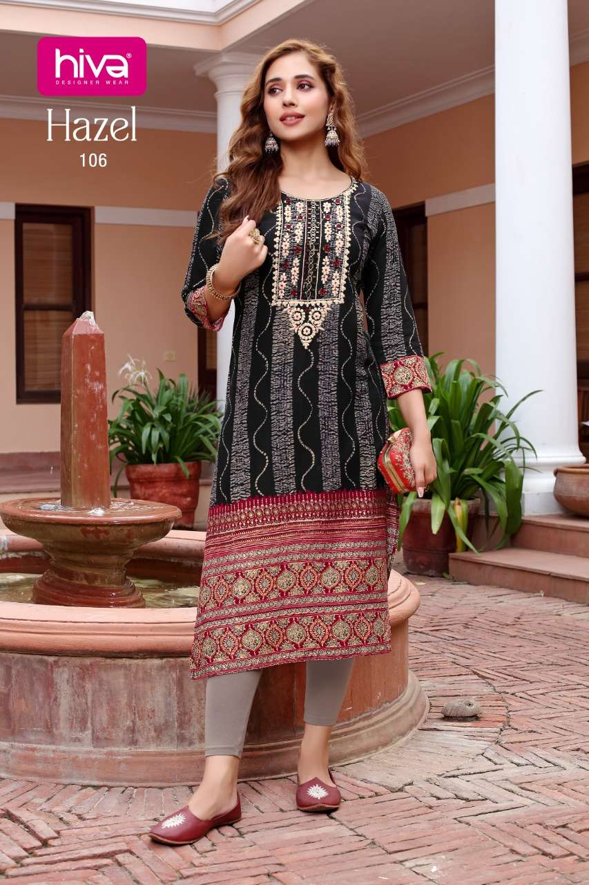 HAZEL BY HIVA 101 TO 106 SERIES DESIGNER STYLISH FANCY COLORFUL BEAUTIFUL PARTY WEAR & ETHNIC WEAR COLLECTION RAYON WITH WORK KURTIS AT WHOLESALE PRICE