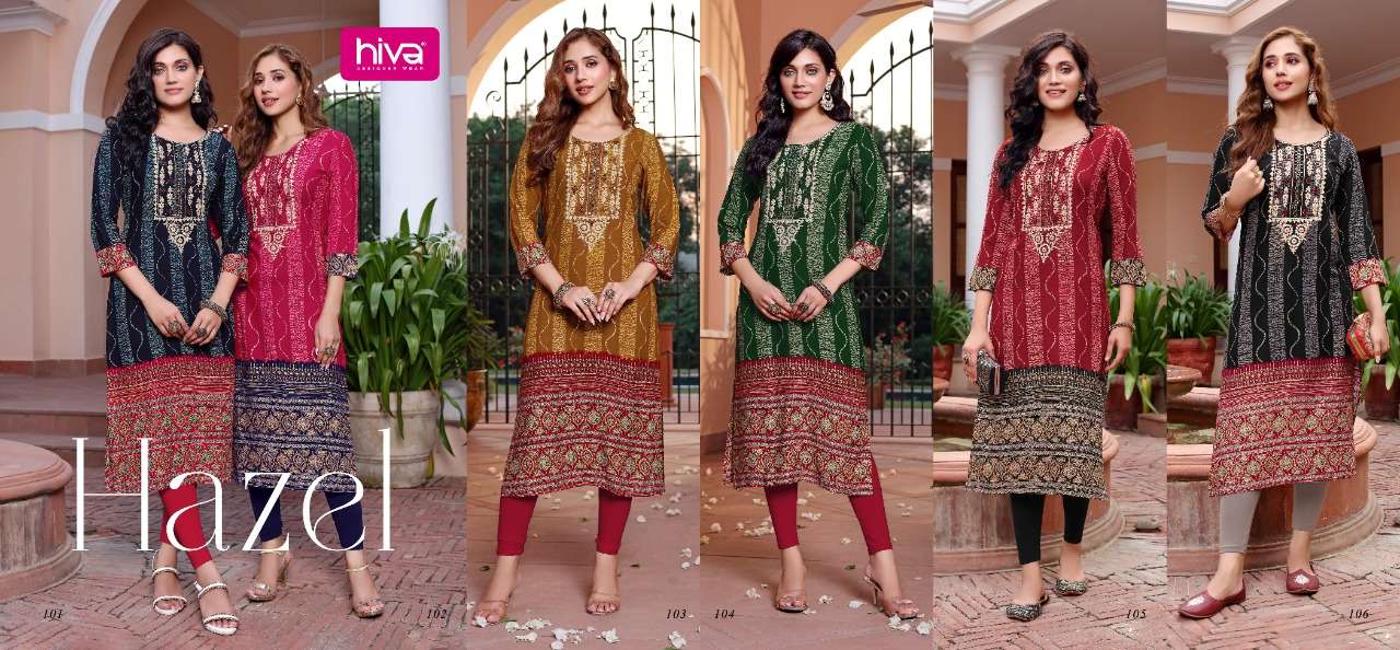 HAZEL BY HIVA 101 TO 106 SERIES DESIGNER STYLISH FANCY COLORFUL BEAUTIFUL PARTY WEAR & ETHNIC WEAR COLLECTION RAYON WITH WORK KURTIS AT WHOLESALE PRICE