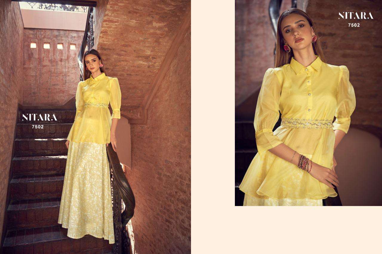 SPARKLES VOL-11 BY NITARA 7501 TO 7506 SERIES DESIGNER STYLISH FANCY COLORFUL BEAUTIFUL PARTY WEAR & ETHNIC WEAR COLLECTION ORGANZA TOPS WITH BOTTOM AT WHOLESALE PRICE