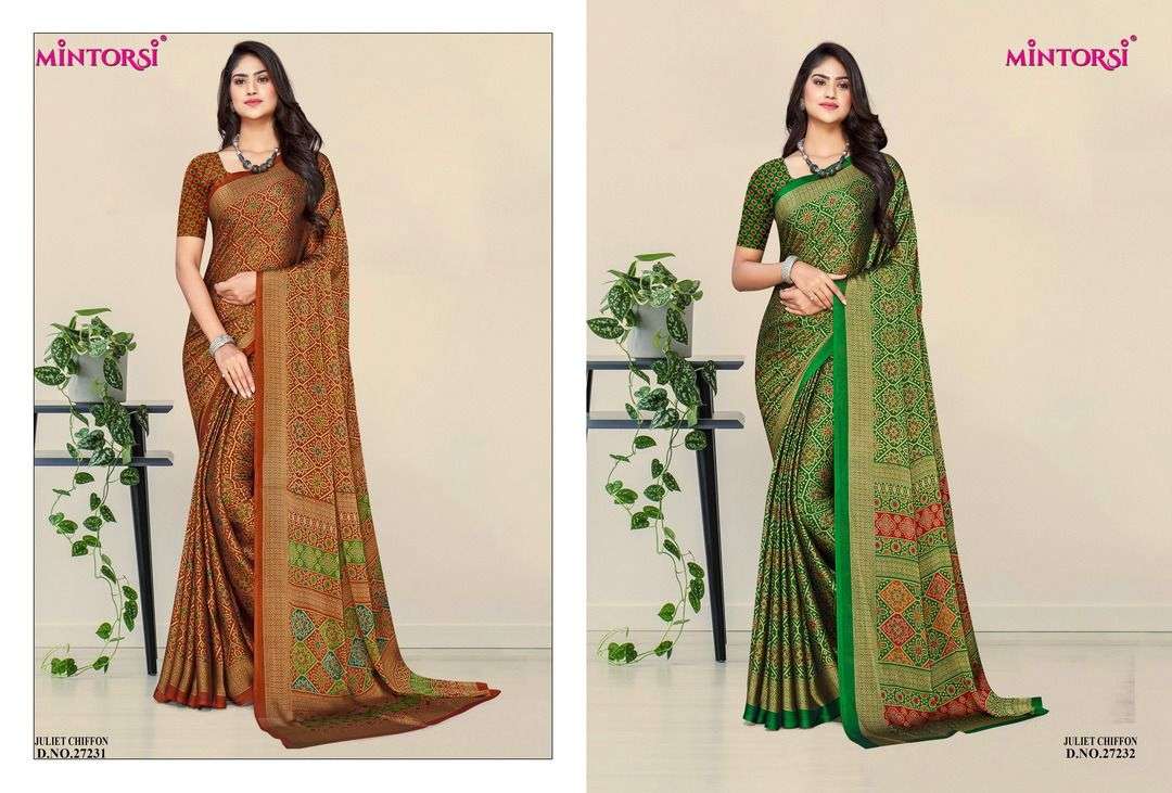 JULIET CHIFFON BY MINTORSI 27231 TO 27238 SERIES INDIAN TRADITIONAL WEAR COLLECTION BEAUTIFUL STYLISH FANCY COLORFUL PARTY WEAR & OCCASIONAL WEAR FANCY SAREES AT WHOLESALE PRICE