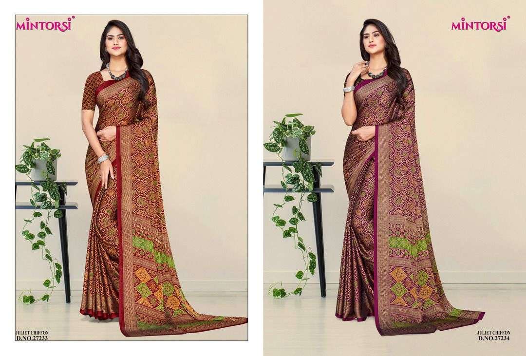 JULIET CHIFFON BY MINTORSI 27231 TO 27238 SERIES INDIAN TRADITIONAL WEAR COLLECTION BEAUTIFUL STYLISH FANCY COLORFUL PARTY WEAR & OCCASIONAL WEAR FANCY SAREES AT WHOLESALE PRICE