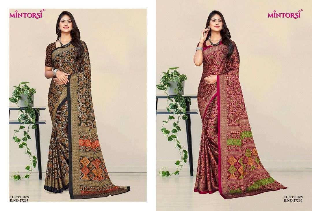 JULIET CHIFFON BY MINTORSI 27231 TO 27238 SERIES INDIAN TRADITIONAL WEAR COLLECTION BEAUTIFUL STYLISH FANCY COLORFUL PARTY WEAR & OCCASIONAL WEAR FANCY SAREES AT WHOLESALE PRICE