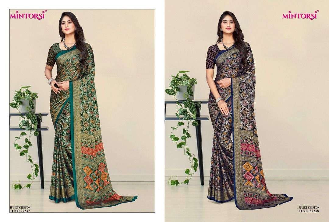 JULIET CHIFFON BY MINTORSI 27231 TO 27238 SERIES INDIAN TRADITIONAL WEAR COLLECTION BEAUTIFUL STYLISH FANCY COLORFUL PARTY WEAR & OCCASIONAL WEAR FANCY SAREES AT WHOLESALE PRICE