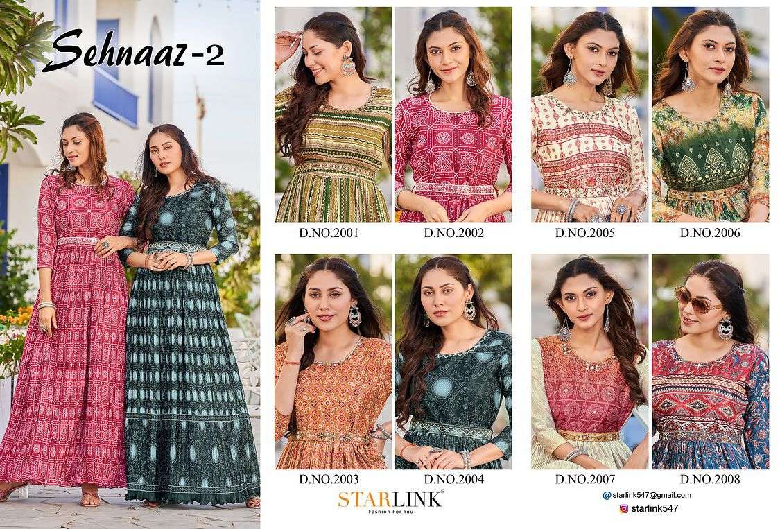 SEHNAAZ VOL-2 BY STARLINK 2001 TO 2008 SERIES DESIGNER STYLISH FANCY COLORFUL BEAUTIFUL PARTY WEAR & ETHNIC WEAR COLLECTION CHINNON DIGITAL PRINT GOWNS AT WHOLESALE PRICE