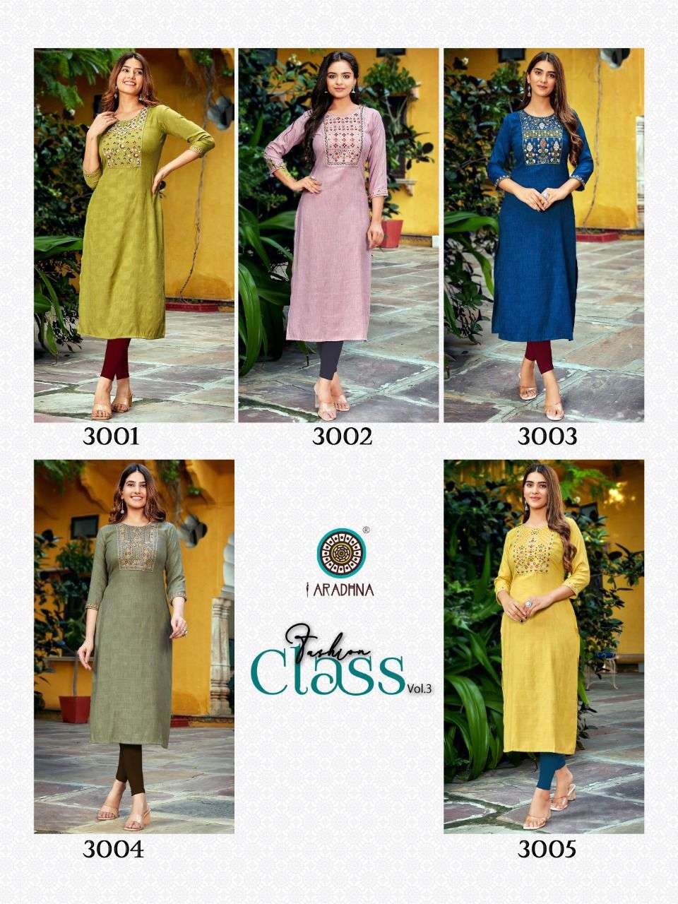 FASHION CLASS VOL-3 BY ARADHNA FASHION 3001 TO 3005 SERIES DESIGNER STYLISH FANCY COLORFUL BEAUTIFUL PARTY WEAR & ETHNIC WEAR COLLECTION RAYON EMBROIDERED KURTIS AT WHOLESALE PRICE
