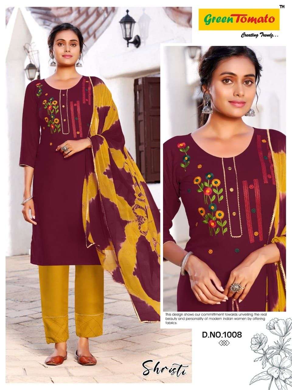Shristi By Green Tomato 1001 To 1008 Series Beautiful Summer Collection Pakisatni Suits Stylish Fancy Colorful Casual Wear & Ethnic Wear Rayon Embroidery Dresses At Wholesale Price