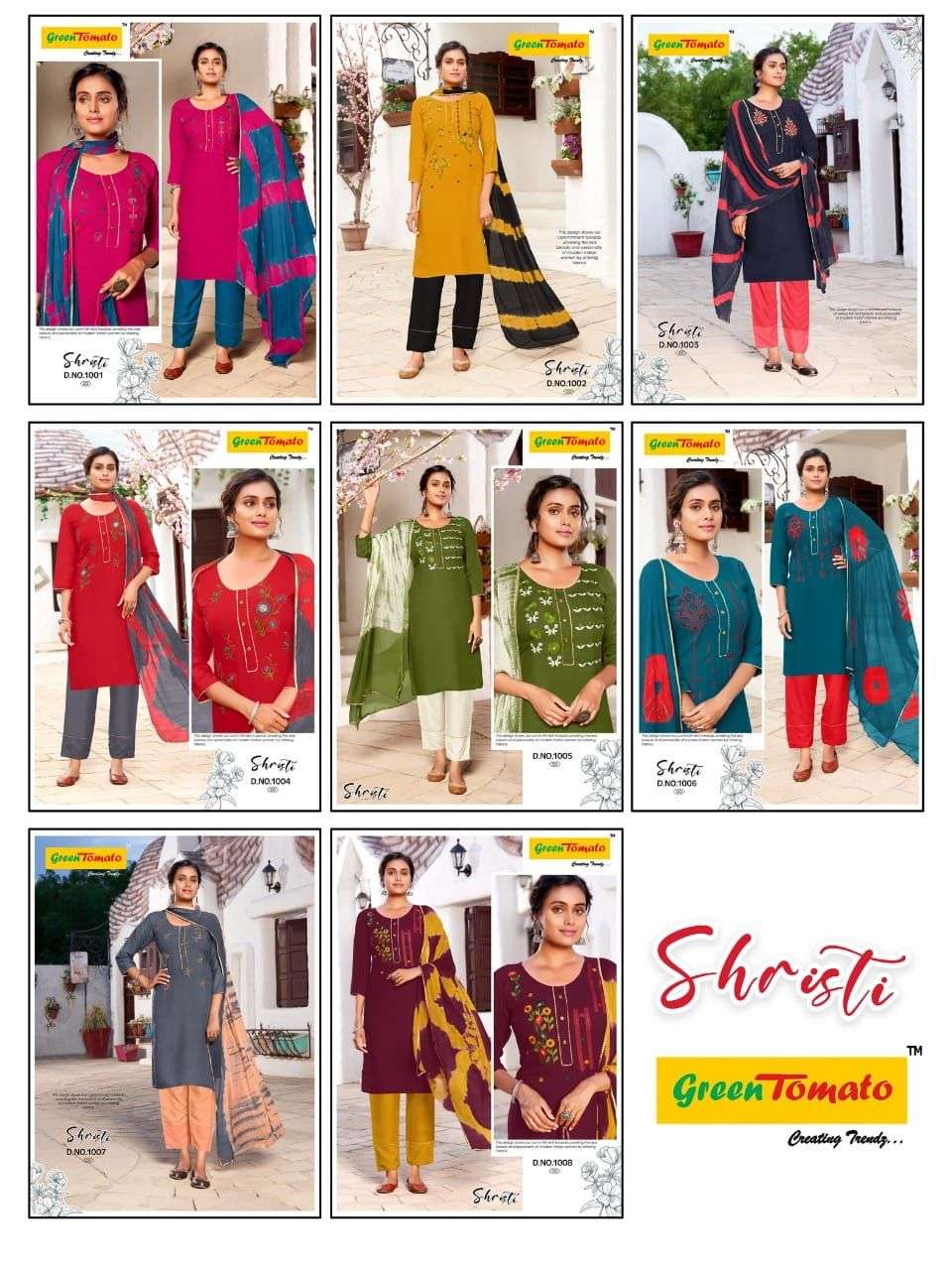 Shristi By Green Tomato 1001 To 1008 Series Beautiful Summer Collection Pakisatni Suits Stylish Fancy Colorful Casual Wear & Ethnic Wear Rayon Embroidery Dresses At Wholesale Price